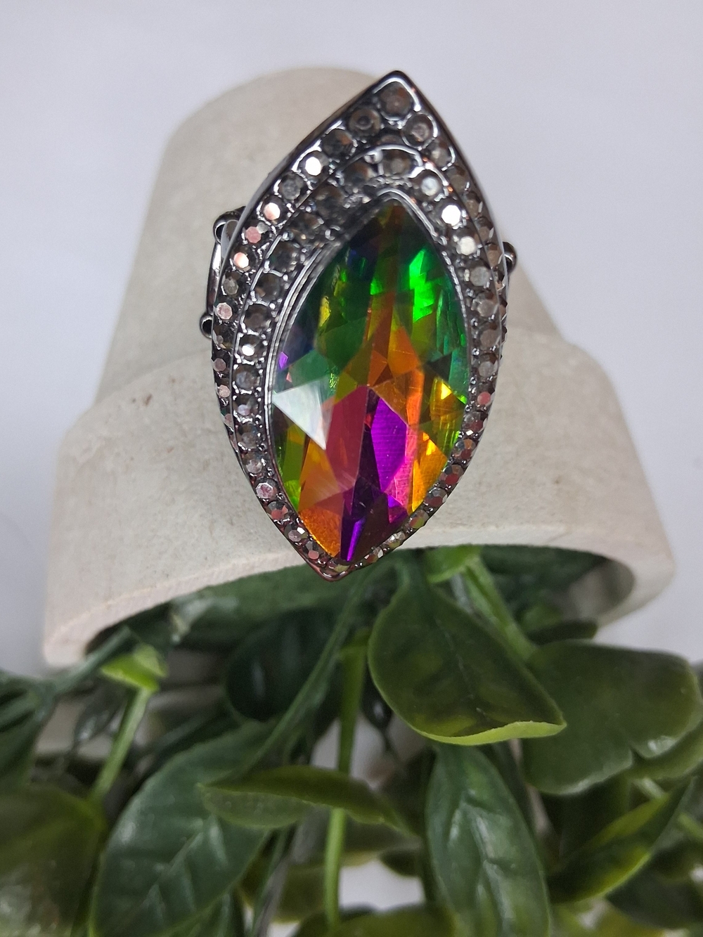 Iridescent Multicolor Marquise Statement Ring With Hematite Rhinestones